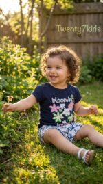 ⁦طقم خروج بنات صيفى   1559 v-baby  شورتblooming براشوت مطبوع⁩ - الصورة ⁦2⁩